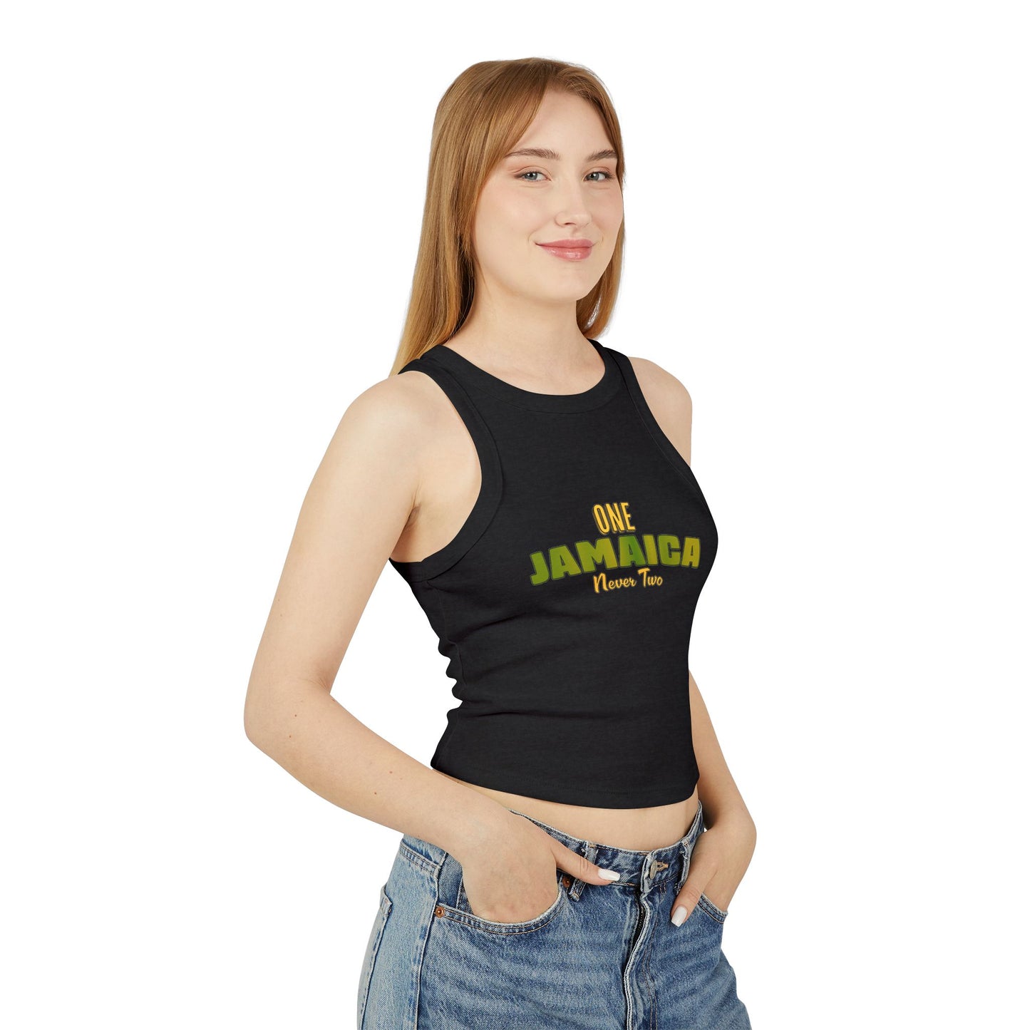 One Jamaica Racer Tank Top - Women’s Micro Rib Crop Top for Summer Vibes
